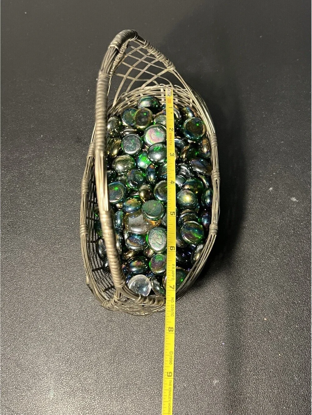 Vintage 1950s Woven Silver Tone Wire Basket With Iridescent Glass Gems, 7x7”